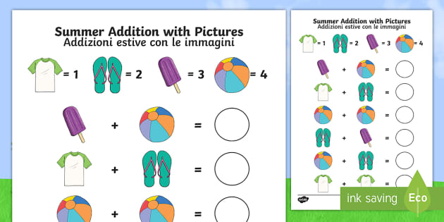 Summer Themed Addition with Pictures Activity English/Italian ...