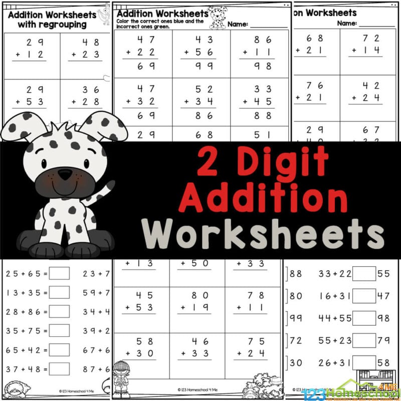 FREE Printable 2-Digit Addition Worksheets with / without Regrouping