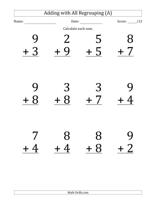12 Single-Digit Addition Questions with All Regrouping (A)