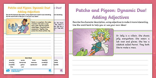 Patcho and Pigeon: Dynamic Duo! Adding Adjectives Worksheets