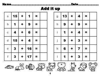 Kawaii Animals 100, First Grade Addition upto 20 Worksheets, 100 First Grade