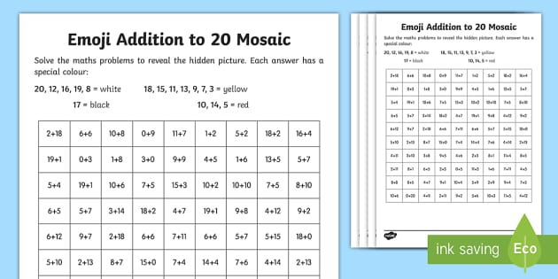 ? Emoji Addition to 20 Mosaic Worksheet / Worksheets