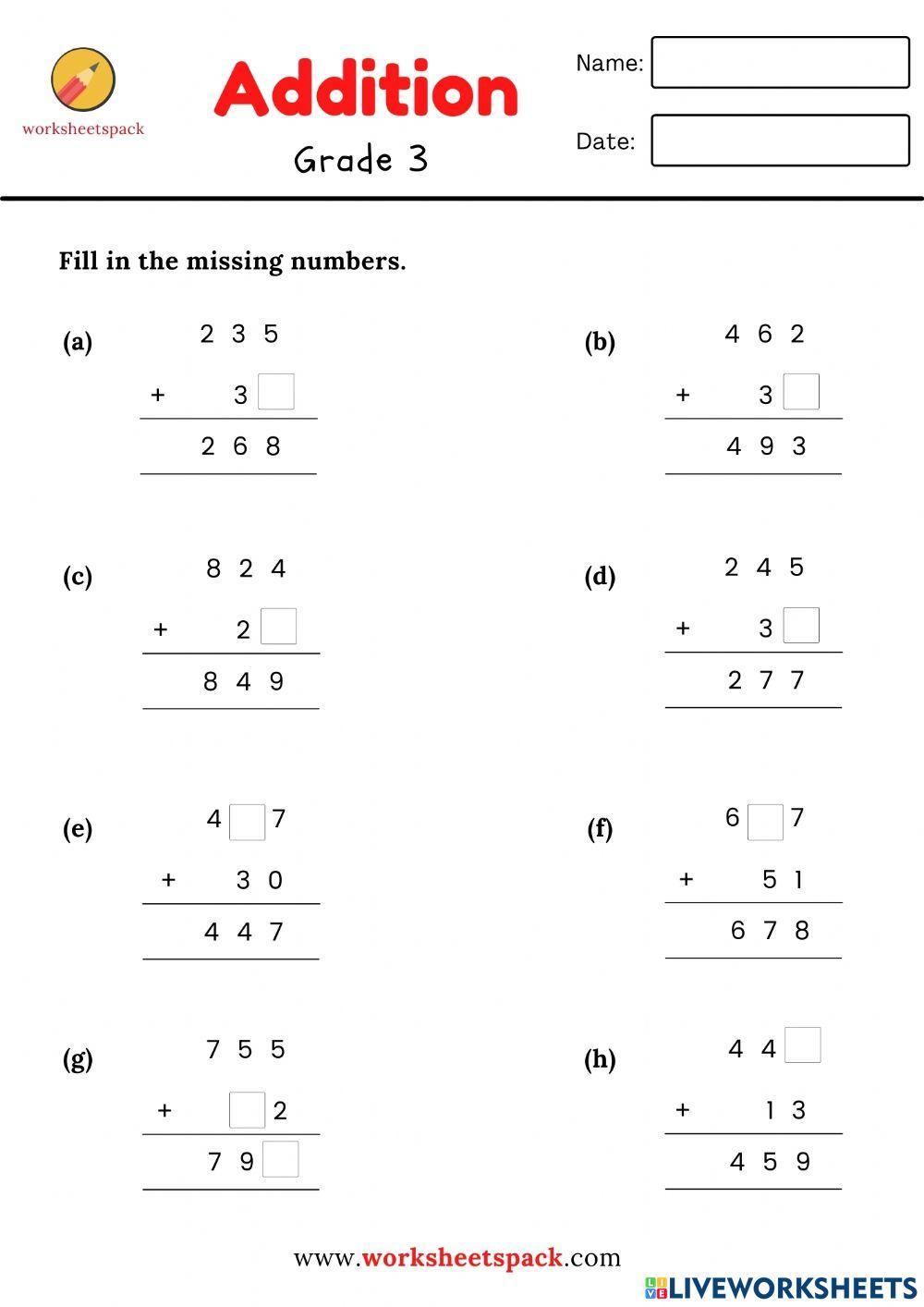 addition worksheet fill in the
