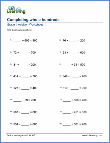 Completing whole hundreds addition worksheets| Worsheets library