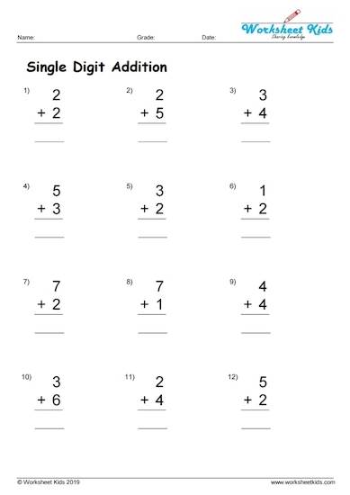 First grade single digit addition worksheet - Free printable PDF