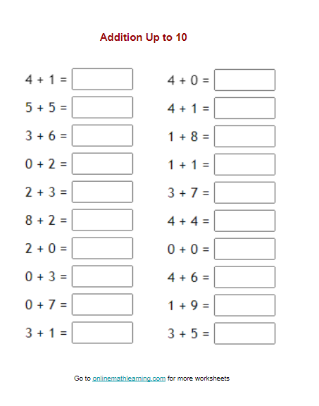 Addition up to 10 Worksheets (First Grade, printable)