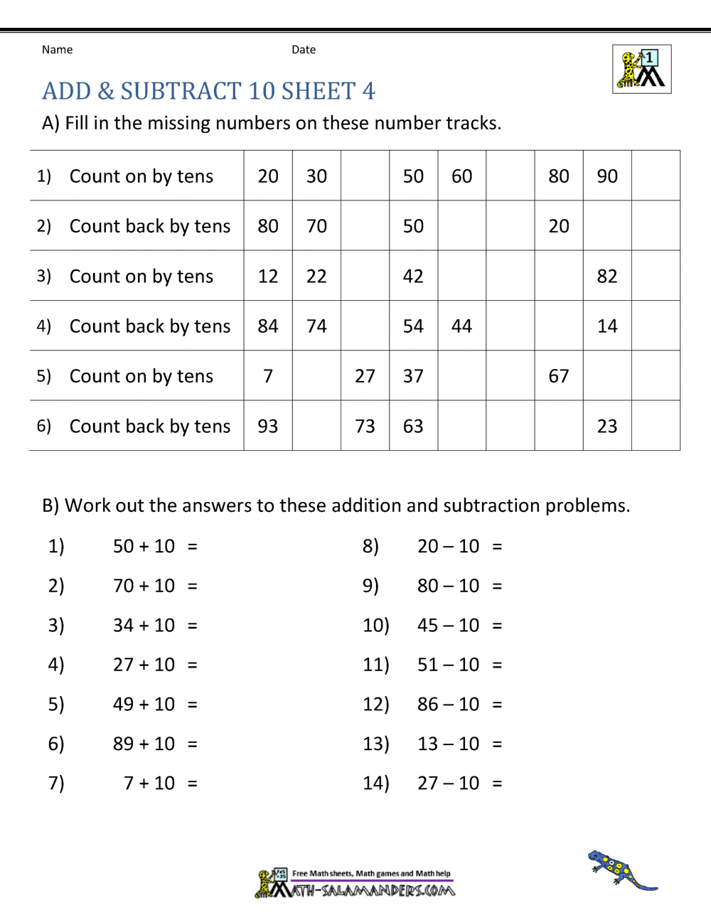 Add and Subtract 10 Worksheet