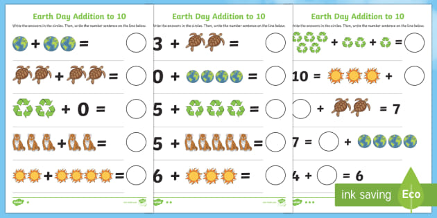 Earth Day Addition to 10 Differentiated Worksheets - Twinkl
