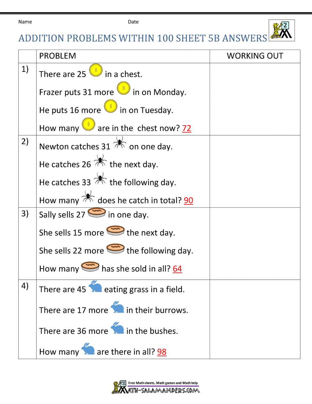 addition worksheet for 2nd grade 100 problems