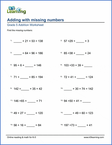 addition worksheet for 5th grade