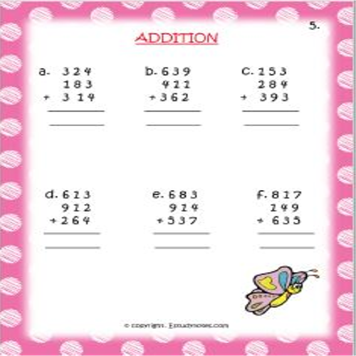 Maths Addition Worksheet 5 Grade 3 - EStudyNotes