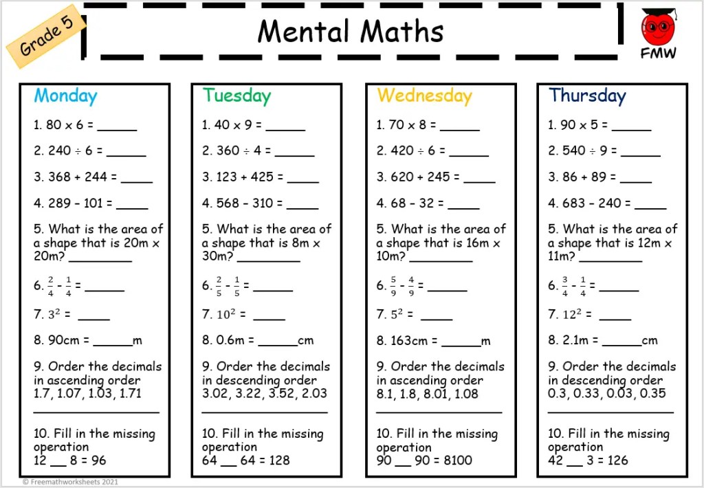Mental Math Worksheets for Grade 5 | Free Printables | Homework