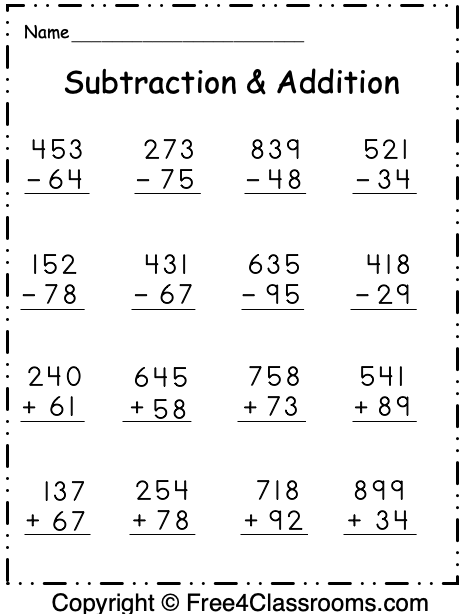 Free Subtraction and Addition Worksheet - 3 Digit - With ...