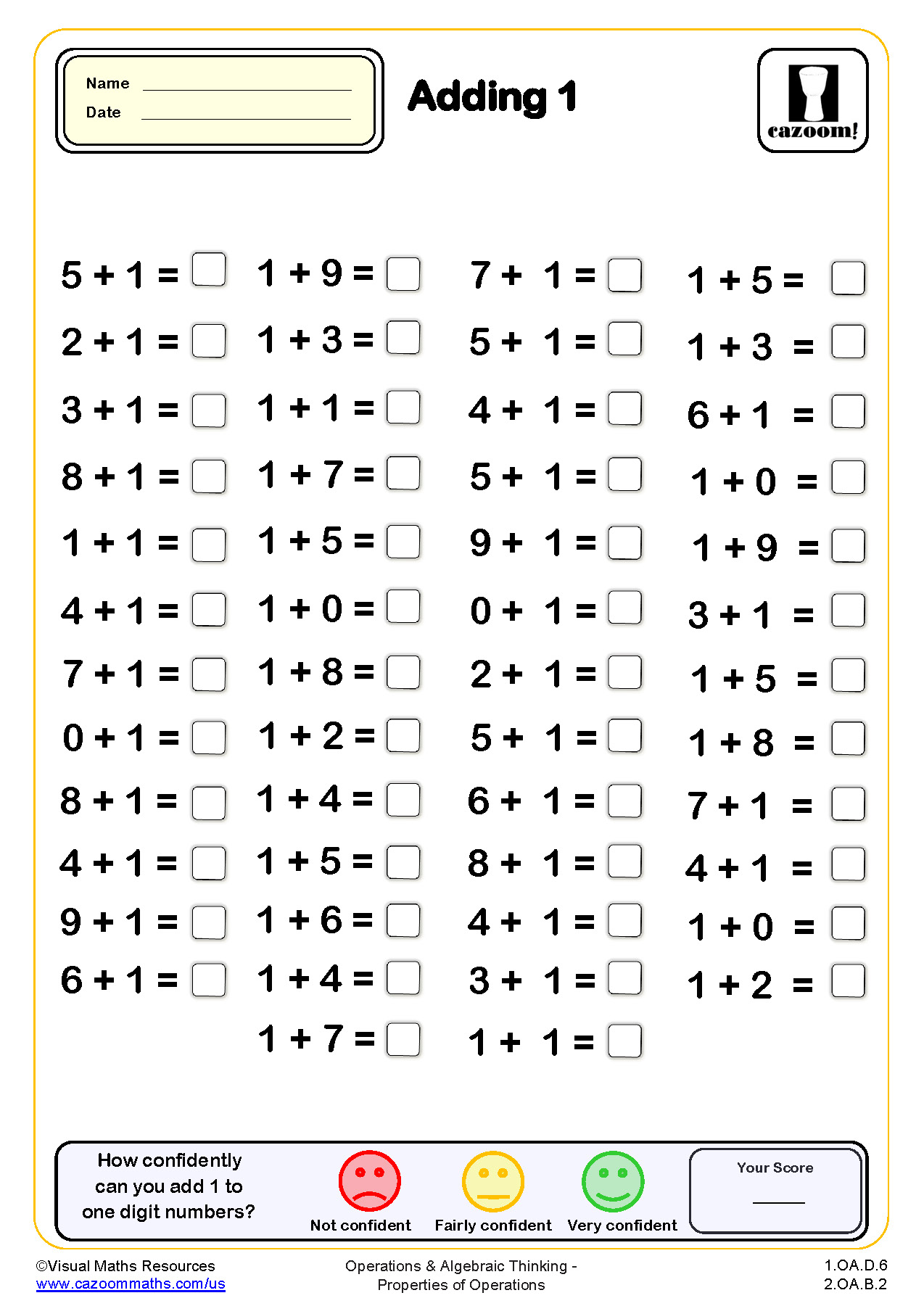 Adding 1 Drills Worksheet (50 questions) | PDF printable Addition ...