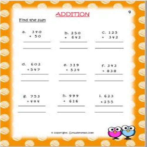 Maths Addition Worksheet 4 Grade 3