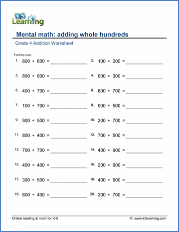 Adding whole hundreds addition worksheets| Worsheets library