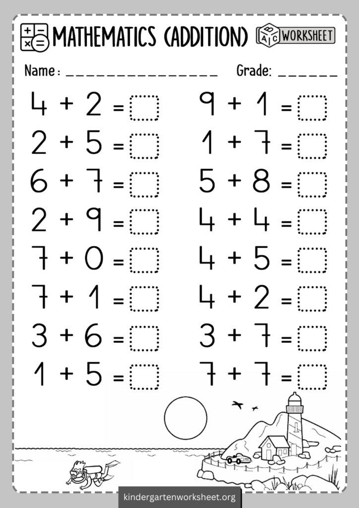 addition worksheet for kindergarten using