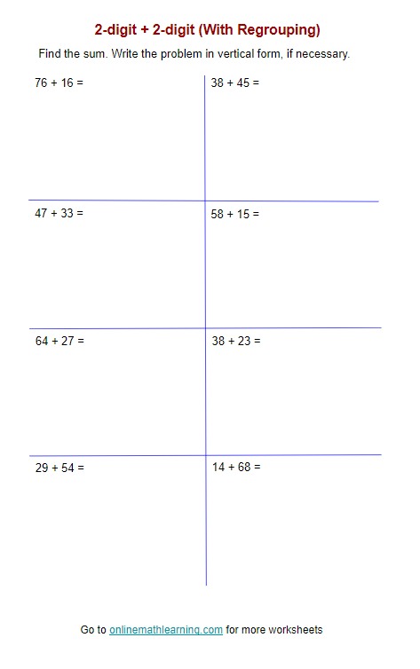 2-digit plus 2-digit Worksheets (Second Grade, printable)