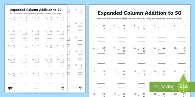 Expanded Column Addition to 50 Worksheet / Worksheets