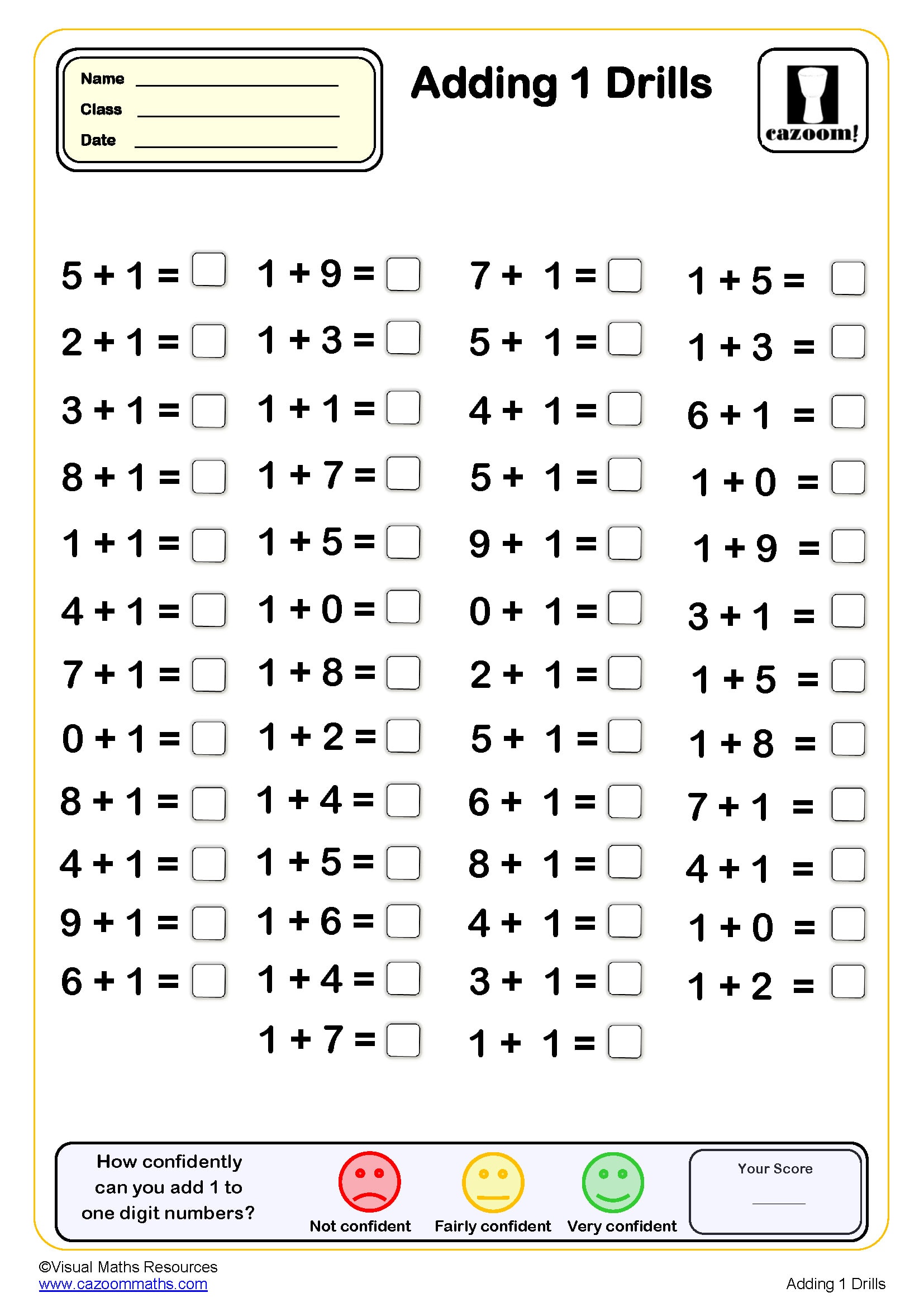 Adding 1 Drills Worksheet (50 questions) | PDF printable Addition ...