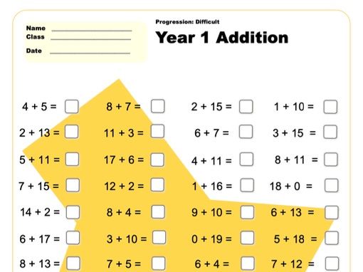 Year 1 Addition Worksheet (Difficult)  