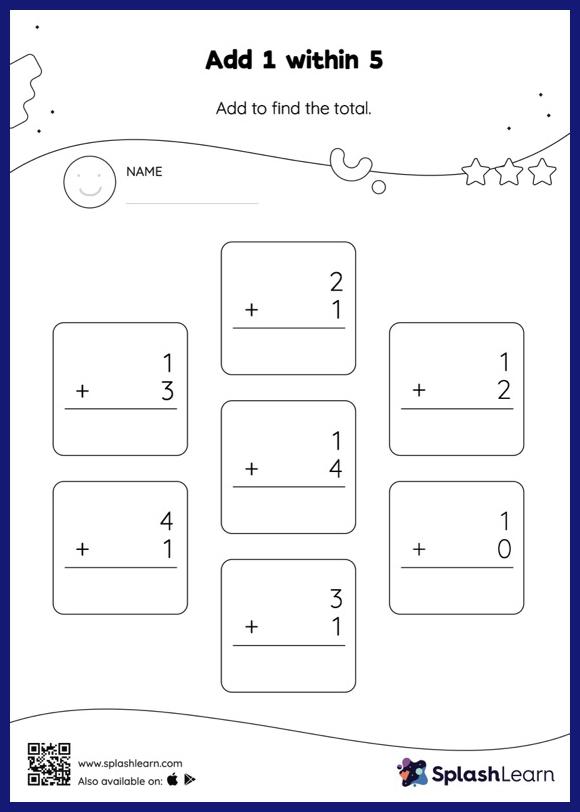Add 1 within 5: Vertical Addition - Math Worksheets - SplashLearn