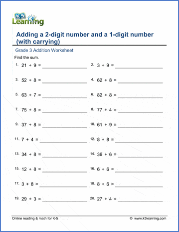Grade 3 Addition Worksheets: add 2 and 1 digit numbers with ...