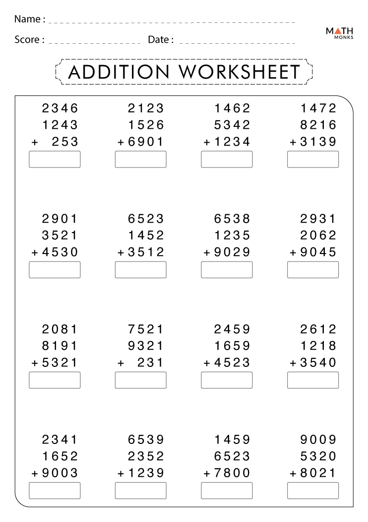4th Grade Addition Worksheets with Answer Key