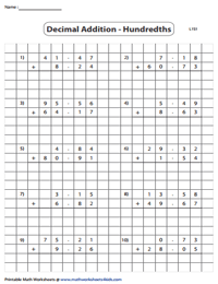 Decimal Addition Using a Grid Worksheets