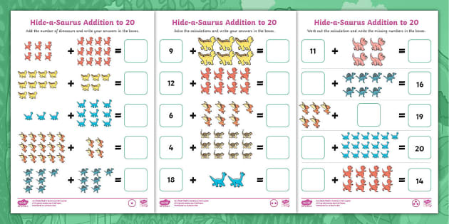? Hide-a-Saurus Addition to 20 Worksheet (teacher made)