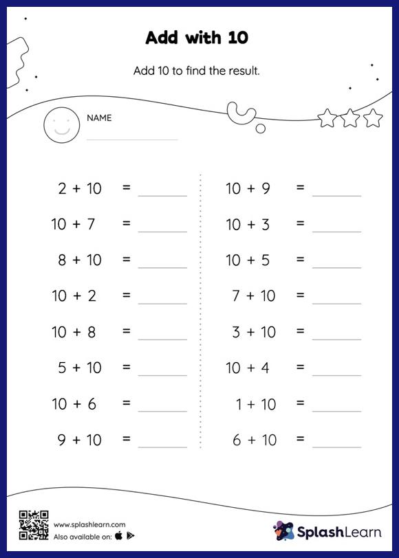 Add with 10: Horizontal Addition - Math Worksheets - SplashLearn