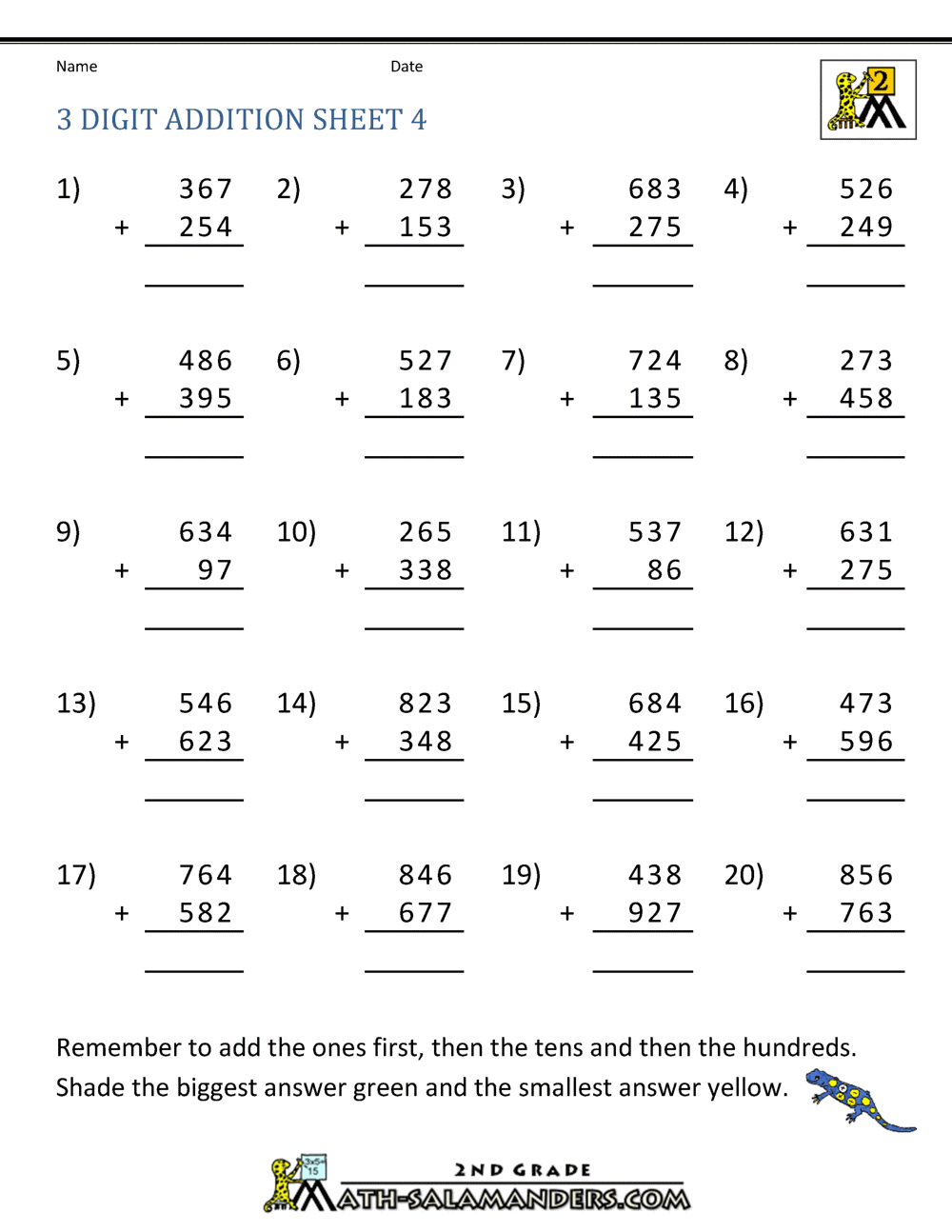 addition worksheet hundreds tens and units
