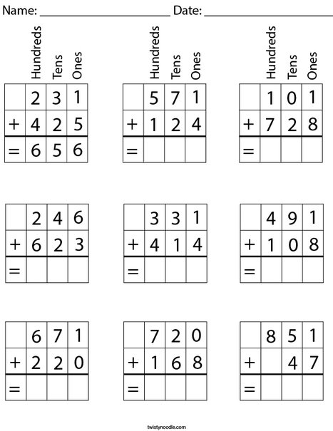 addition worksheet hundreds tens and
