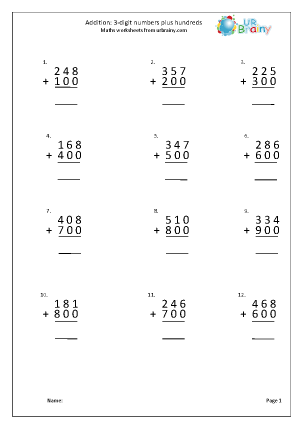 Addition Maths Worksheets for Year 3 (age 7-8) - URBrainy.com