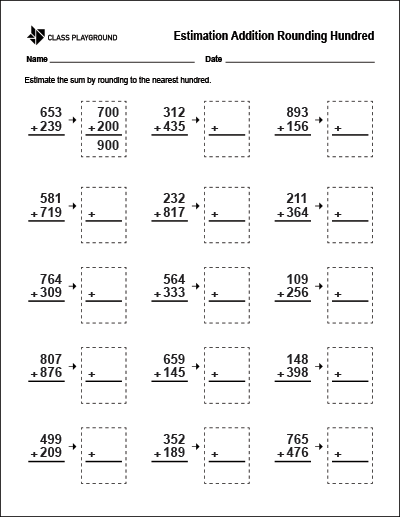 Printable Estimation Addition Rounding Hundred Worksheet - Class ...