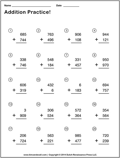 Triple Digit Addition Worksheets - Tims Printables