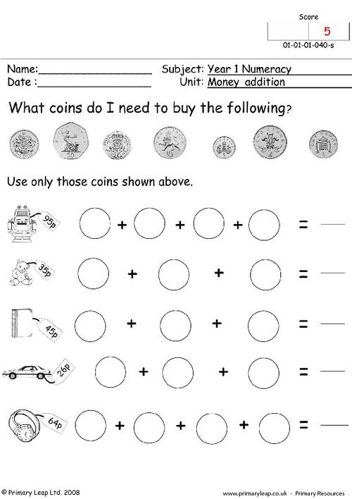 Numeracy: Money addition | Worksheet | PrimaryLeap.co.uk