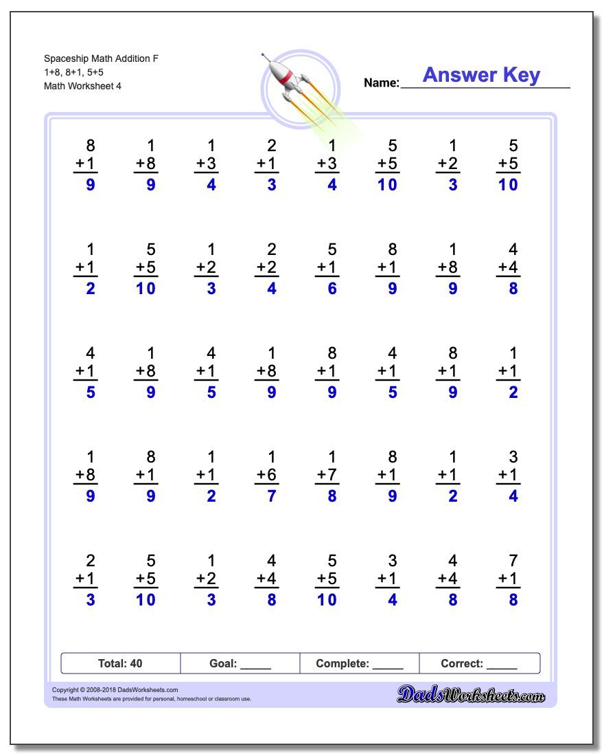 Spaceship Math Addition Worksheet F 1+8, 8+1, 5+5 | Math fact ...