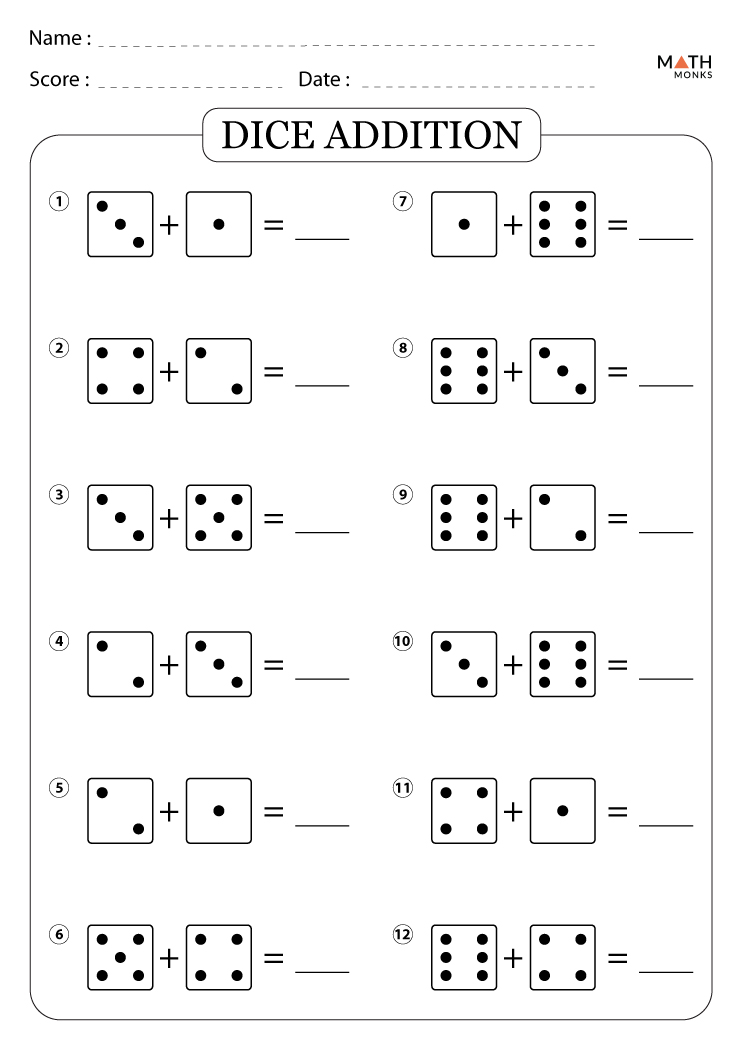 Dice Addition Worksheets with Answer Key