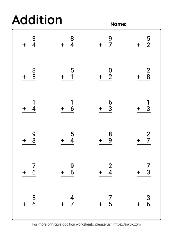 Free Printable Vertical Kindergarten Addition Worksheet Up to 20