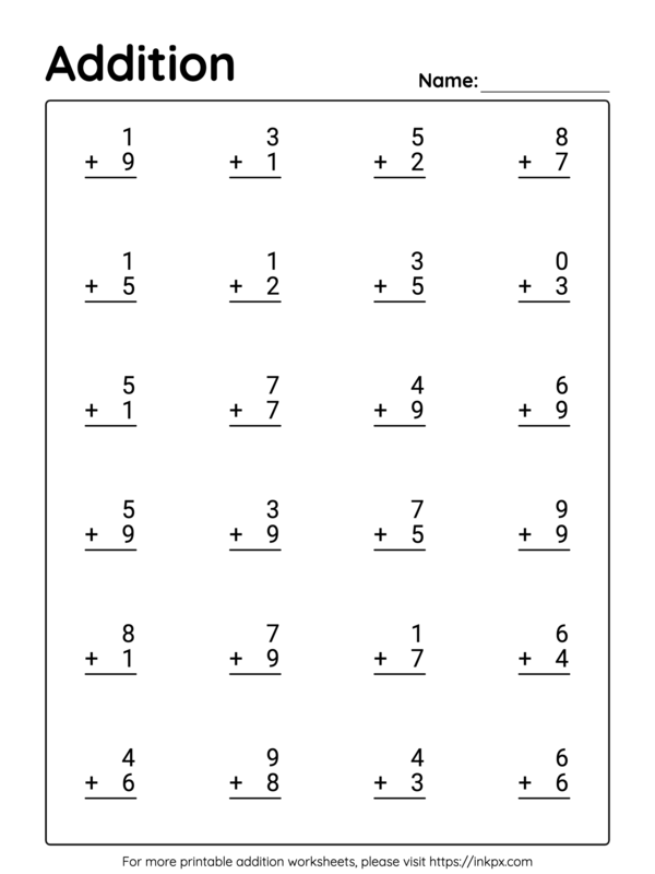 Printable Vertical Kindergarten Addition Worksheet Up to 20 ...