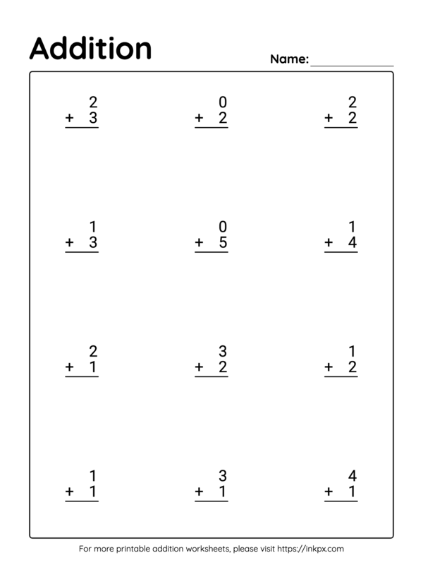 Printable Vertical Kindergarten Addition Worksheet Up to 5 ...