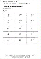 Column Addition Level 1 Worksheets - Free Printable PDF