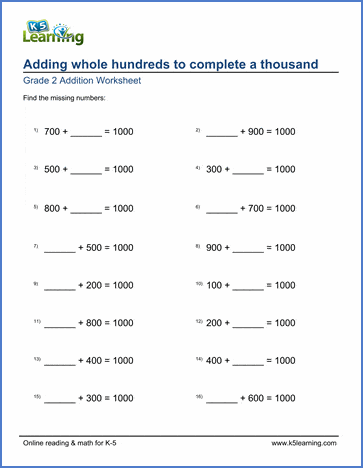 Grade 2 Math Worksheets - Adding whole hundreds to complete a ...