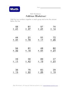 Math Worksheets Addition Worksheet: 2-Digit Numbers Worksheet for ...