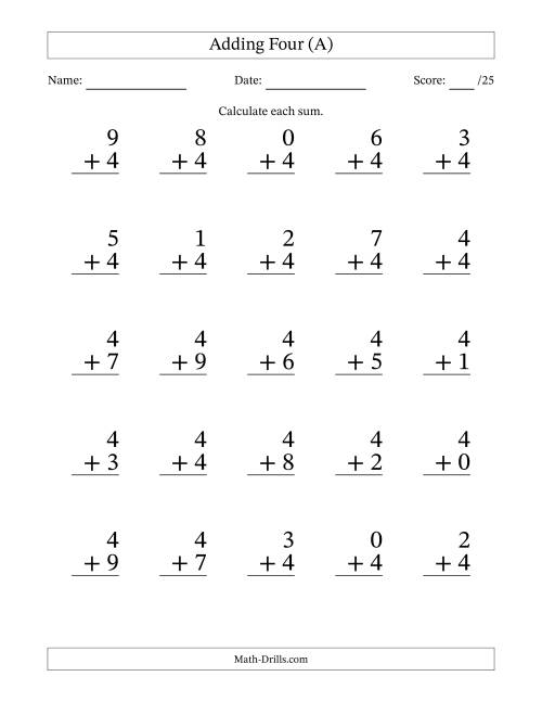 Adding Four to Single-Digit Numbers - 25 Large Print Questions (A)