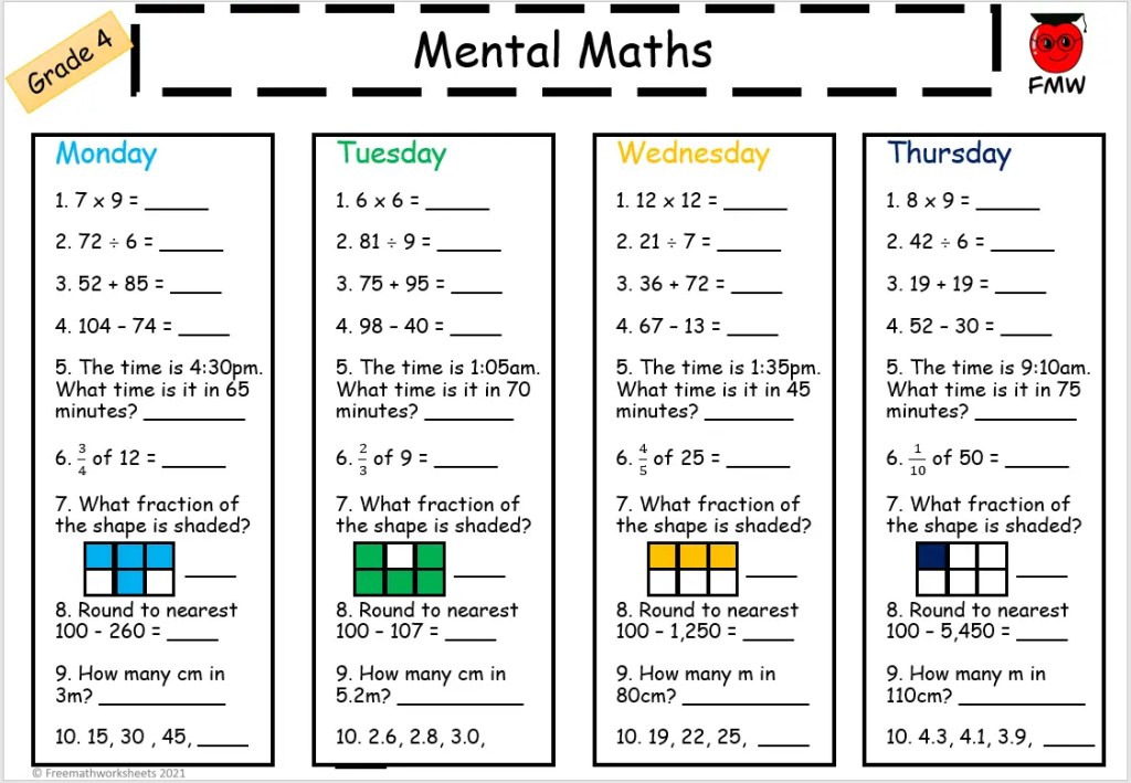 Grade 4 Mental Math Worksheets | Free Worksheets | Printables