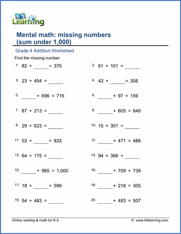 Missing addend (sums under 1,000) worksheets | Worsheets library