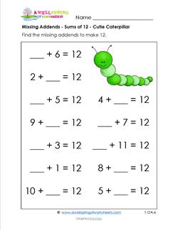 Missing Addends - Addition Worksheets - Sums of 12