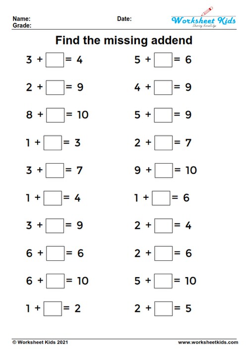 Missing addends worksheets for Grade 1, Grade 2 and Kindergarten ...